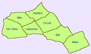 Map of Counties in the Central Texas Region of Texas.